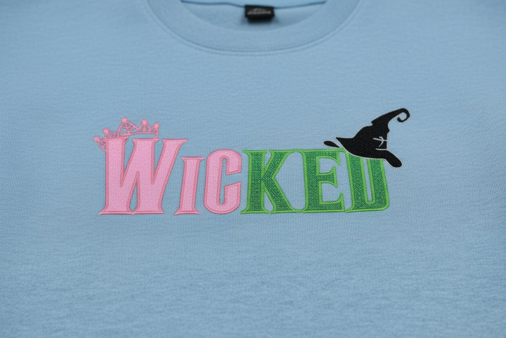 WICKED! This sparkly, embroidered wicked sweatshirt is perfect for Wicked fans. Includes a sleeve embellishment of a Green Broom/Pink Wand