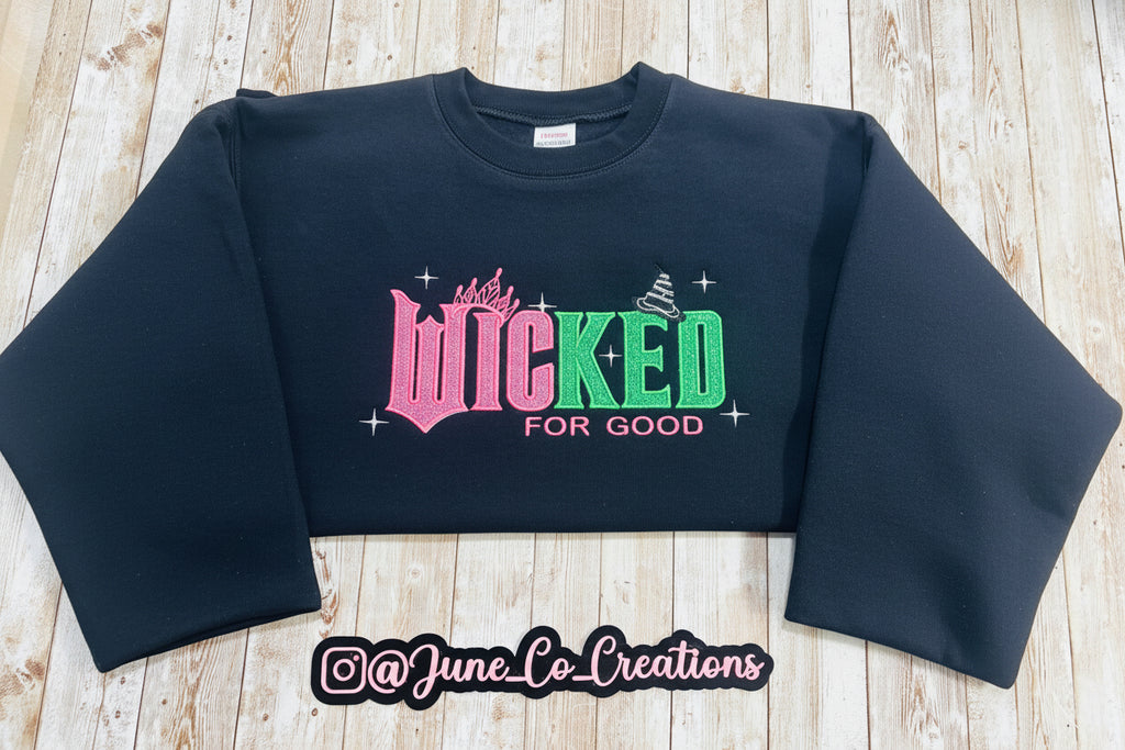 WICKED for good! This sparkly, embroidered wicked sweatshirt is perfect for Wicked fans.