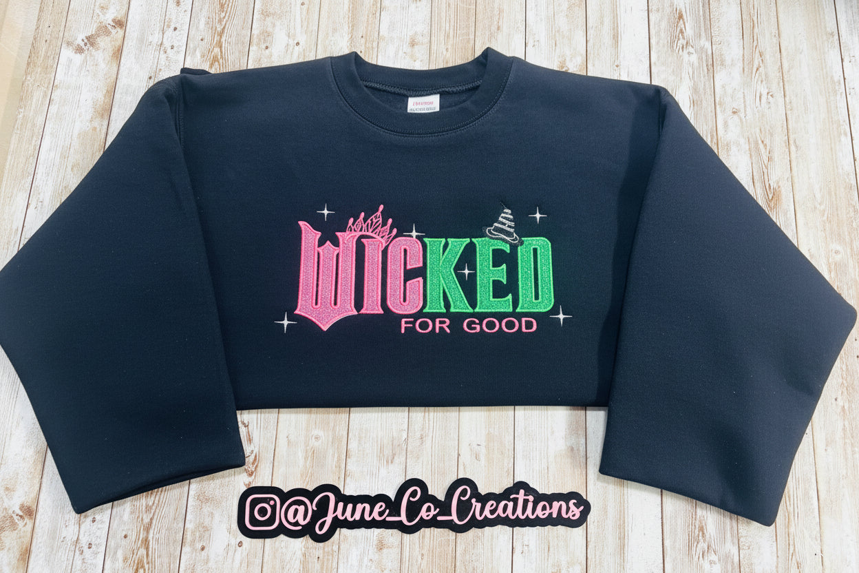 WICKED for good! This sparkly, embroidered wicked sweatshirt is perfect for Wicked fans.