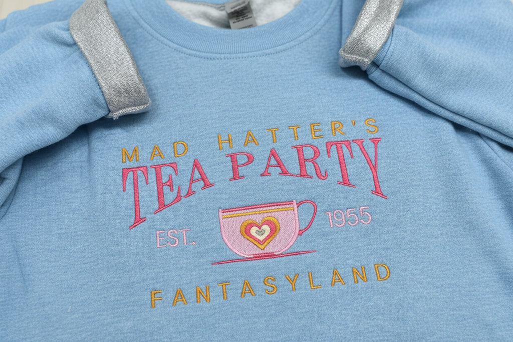 Embroidered Mad Hatter Tea Party Fantasyland shirt, sweatshirt. Magical Disney. Men, Women, Children. Unique Wonderland Apparel for vacation