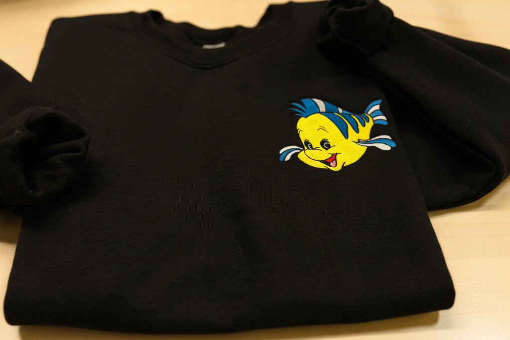 Flounder embroidered sweatshirt. Handmade sweatshirt. Custom  apparel. Little Mermaid Flounder