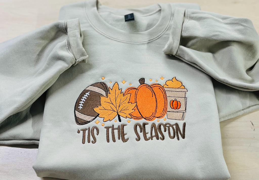 Fall Tis The Season Embroidered Sweatshirt. Cozy, Comfy, Soft, Coffee, Football and Fall. Keeps you warm and cozy this fall season.