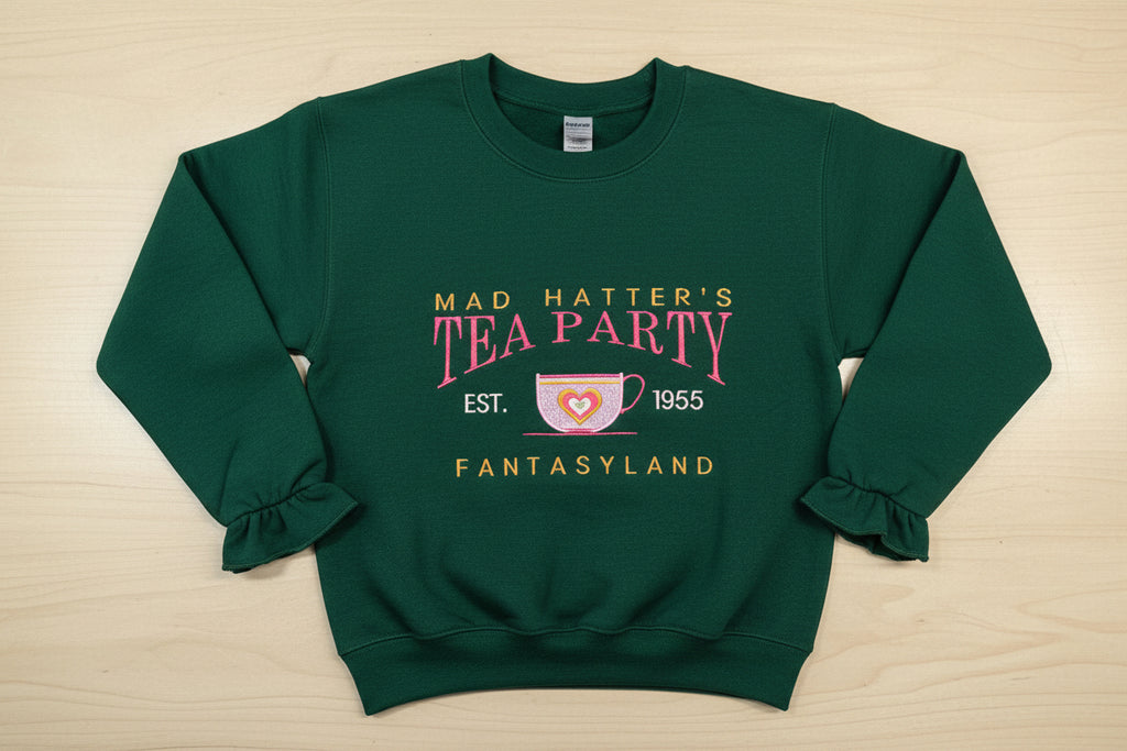 Embroidered Mad Hatter Tea Party Fantasyland shirt, sweatshirt. Magical Disney. Men, Women, Children. Unique Wonderland Apparel for vacation