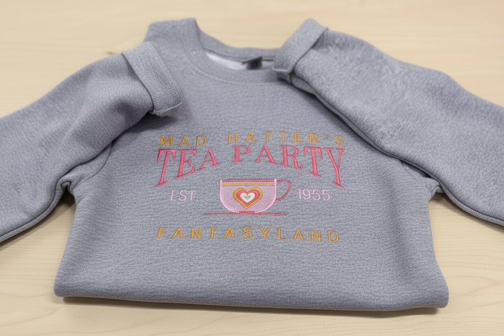 Embroidered Mad Hatter Tea Party Fantasyland shirt, sweatshirt. Magical Disney. Men, Women, Children. Unique Wonderland Apparel for vacation