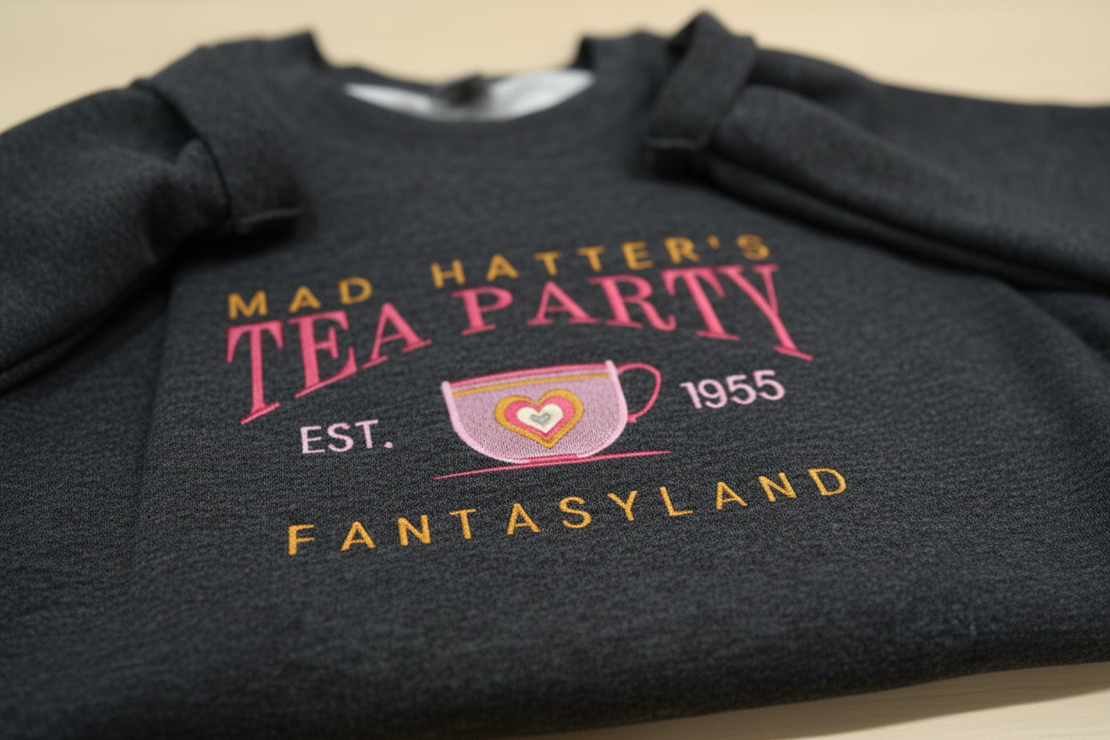 Embroidered Mad Hatter Tea Party Fantasyland shirt, sweatshirt. Magical Disney. Men, Women, Children. Unique Wonderland Apparel for vacation
