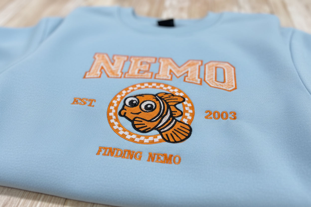 NEMO! Finding Nemo embroidered sweatshirt. For those Disney Nemo fans. This Vibrant sweatshirt is adorable.