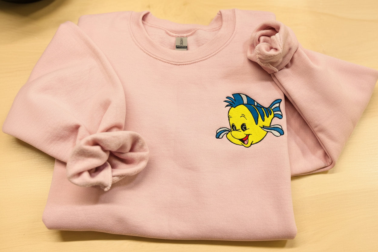 Flounder embroidered sweatshirt. Handmade sweatshirt. Custom  apparel. Little Mermaid Flounder