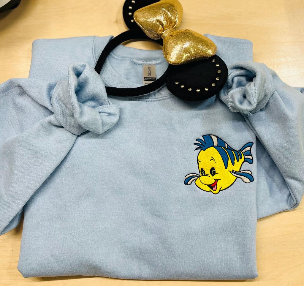 Flounder embroidered sweatshirt. Handmade sweatshirt. Custom  apparel. Little Mermaid Flounder