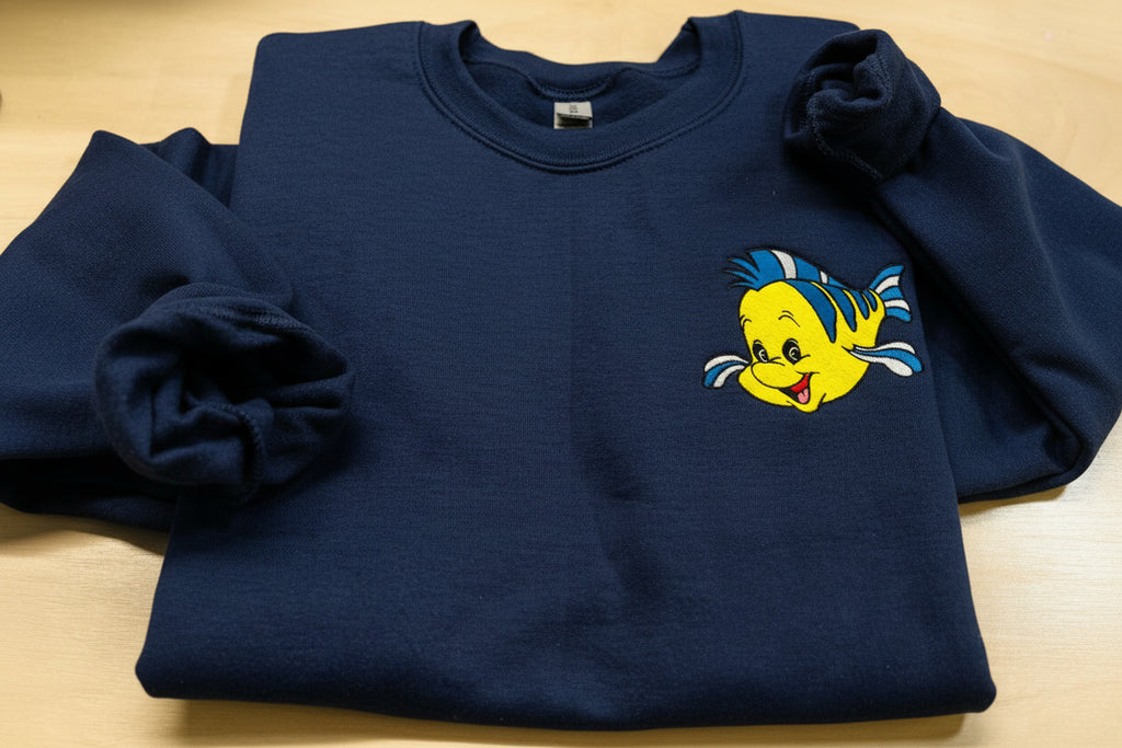 Flounder embroidered sweatshirt. Handmade sweatshirt. Custom  apparel. Little Mermaid Flounder