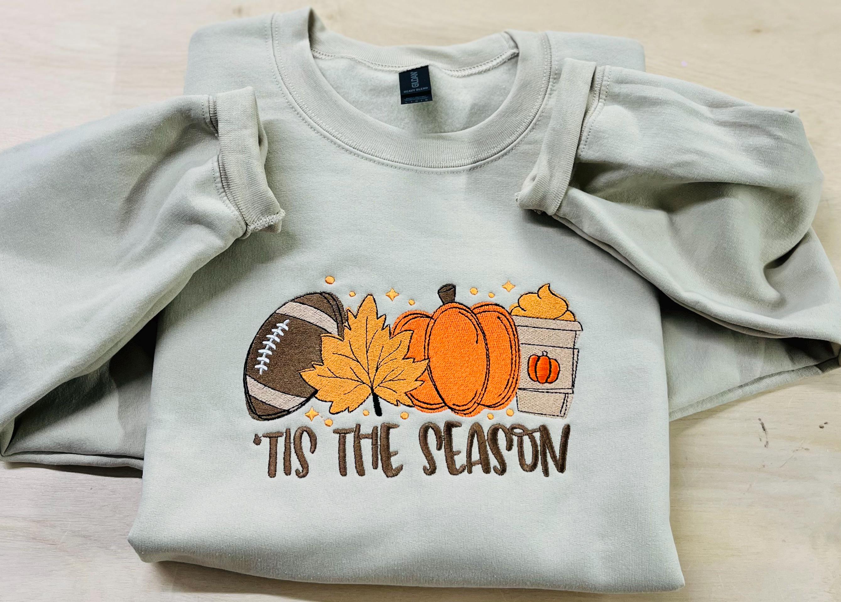 Fall Tis The Season Embroidered Sweatshirt. Cozy, Comfy, Soft, Coffee, Football and Fall. Keeps you warm and cozy this fall season.