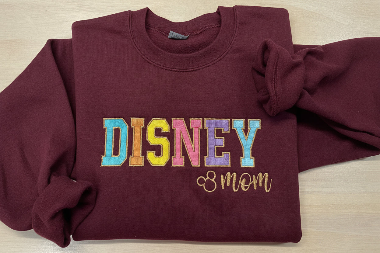 Soft and Comfy Disney Mom Embroidered Sweatshirt with Vibrant colors outlined in a Metallic Golden Thread.