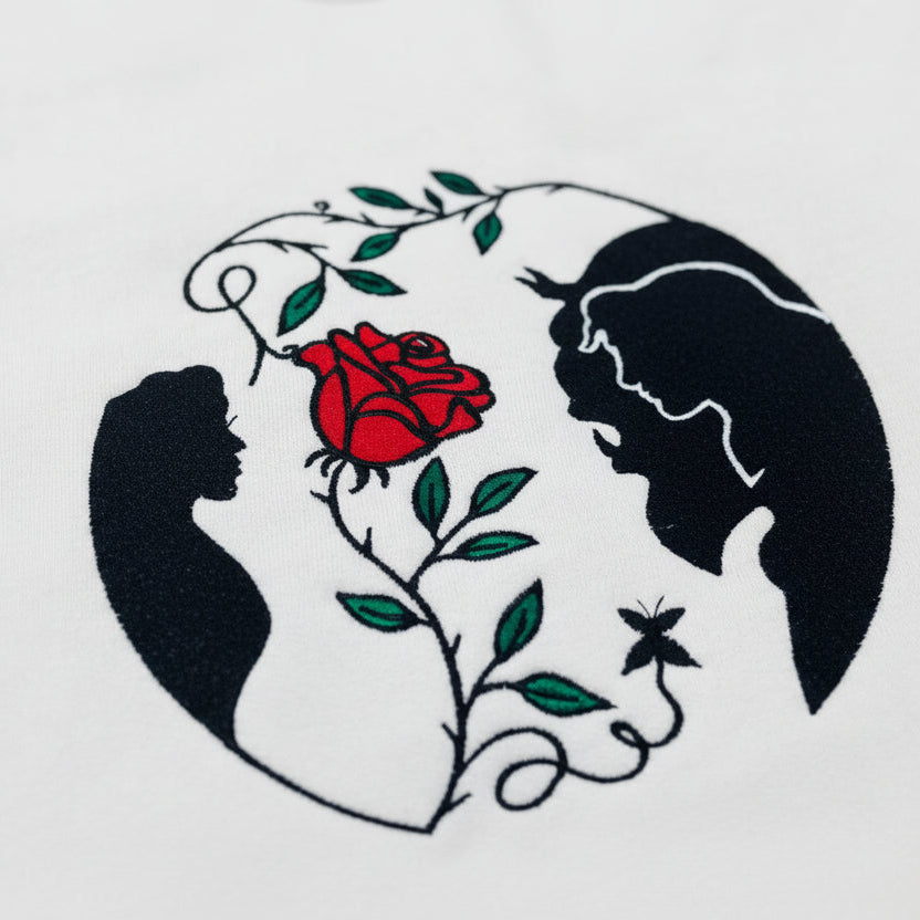 Beauty and the Beast. Cozy embroidered Sweatshirt with sleeve embellishments. A Disney classic fairytale. Featuring the famous Rose.