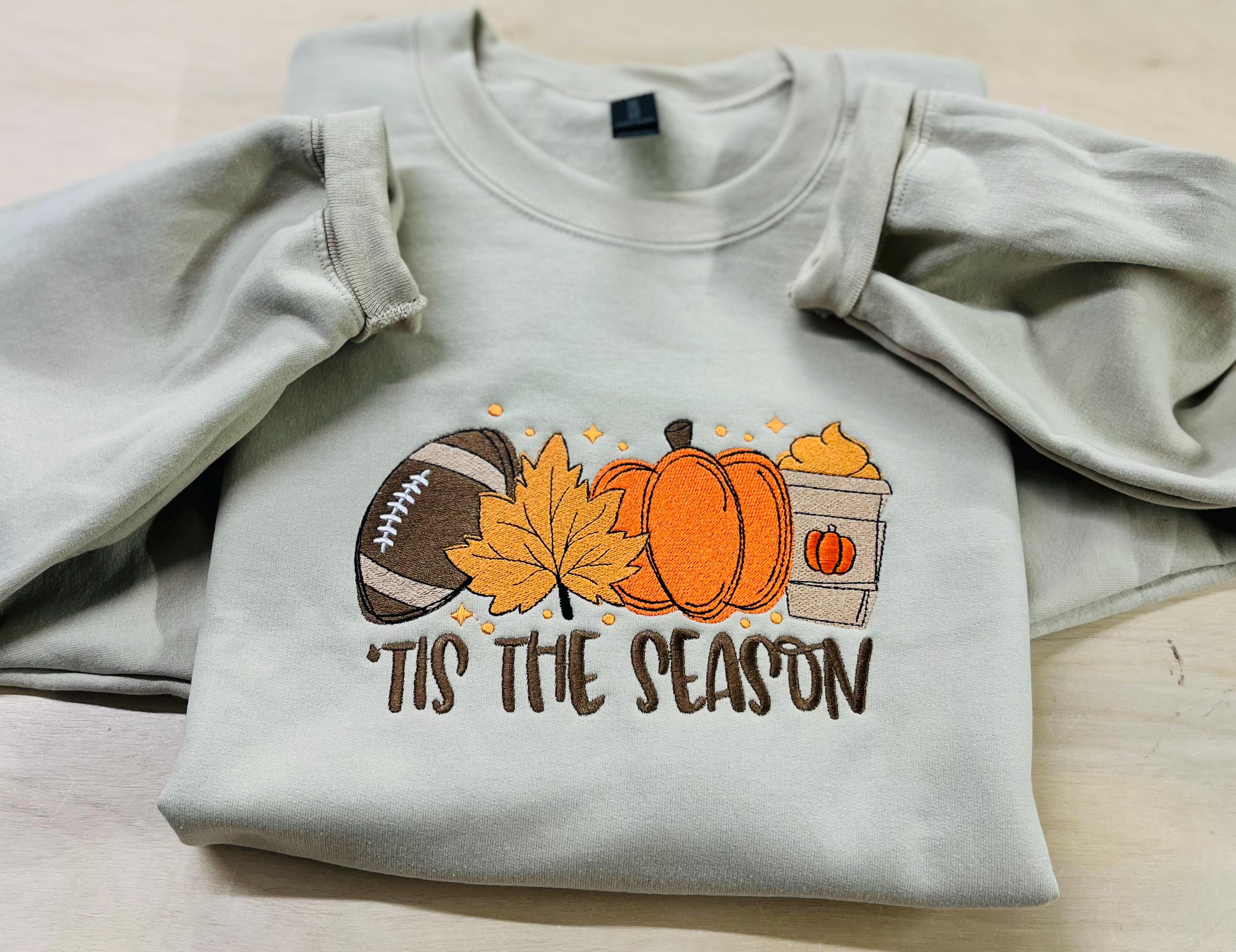Fall Tis The Season Embroidered Sweatshirt. Cozy, Comfy, Soft, Coffee, Football and Fall. Keeps you warm and cozy this fall season.