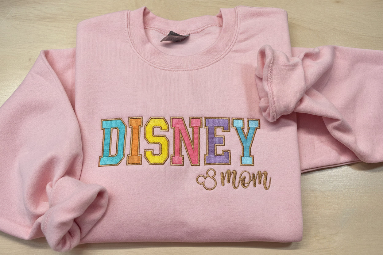 Soft and Comfy Disney Mom Embroidered Sweatshirt with Vibrant colors outlined in a Metallic Golden Thread.