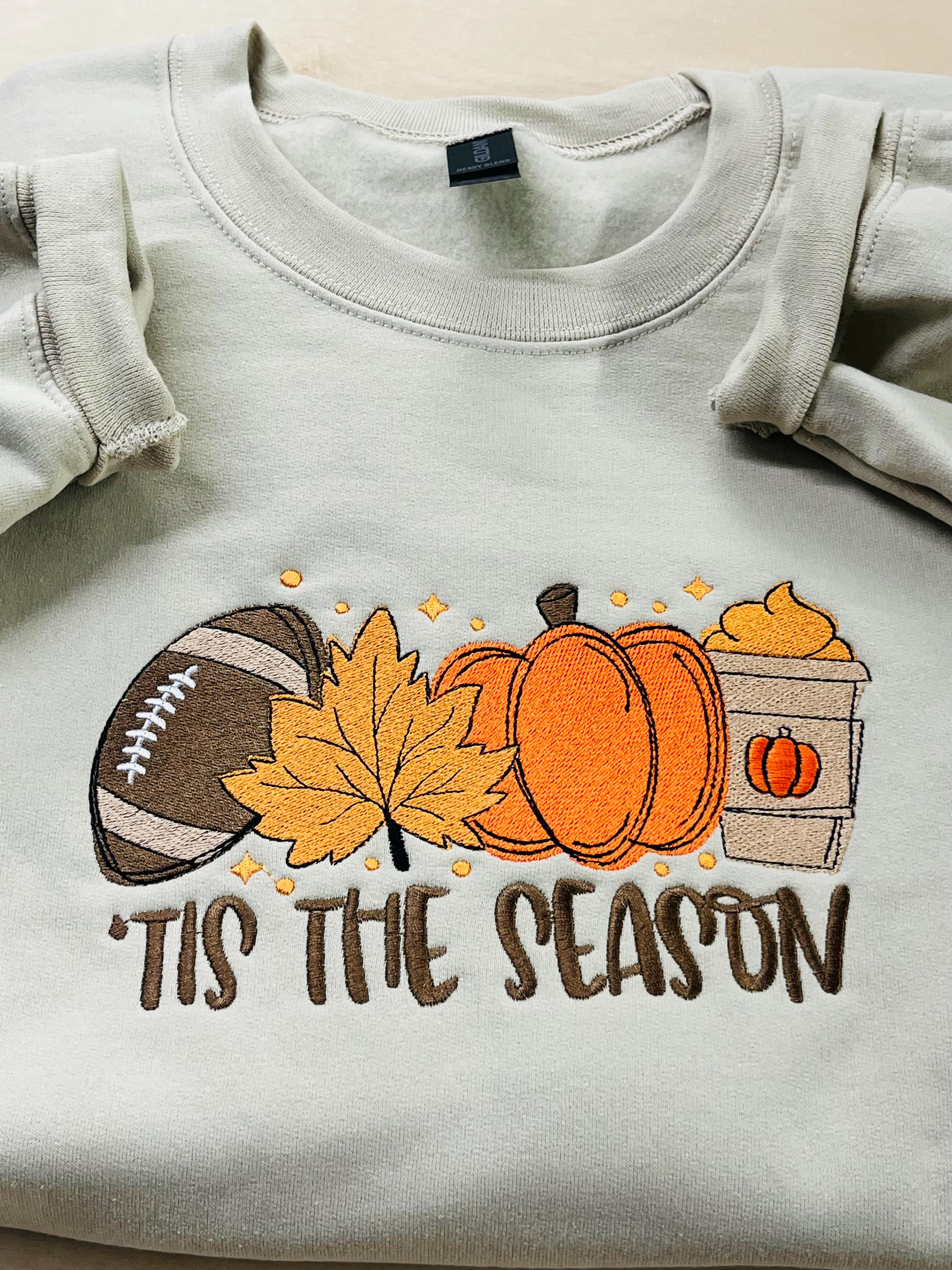 Fall Tis The Season Embroidered Sweatshirt. Cozy, Comfy, Soft, Coffee, Football and Fall. Keeps you warm and cozy this fall season.
