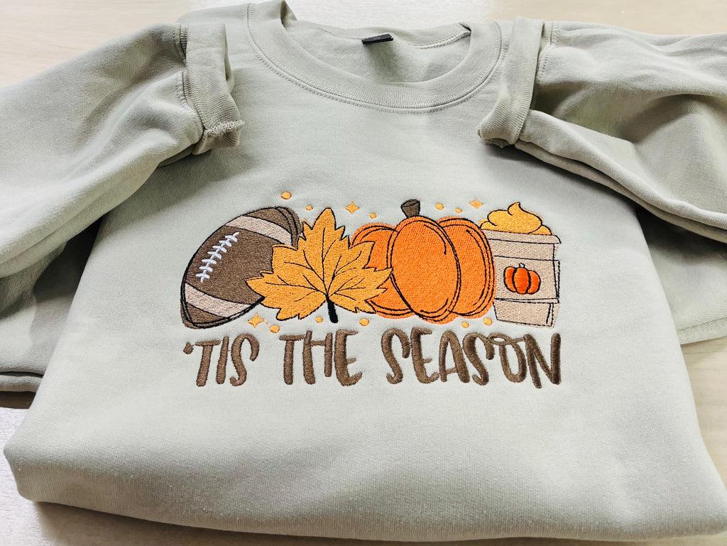 Fall Tis The Season Embroidered Sweatshirt. Cozy, Comfy, Soft, Coffee, Football and Fall. Keeps you warm and cozy this fall season.