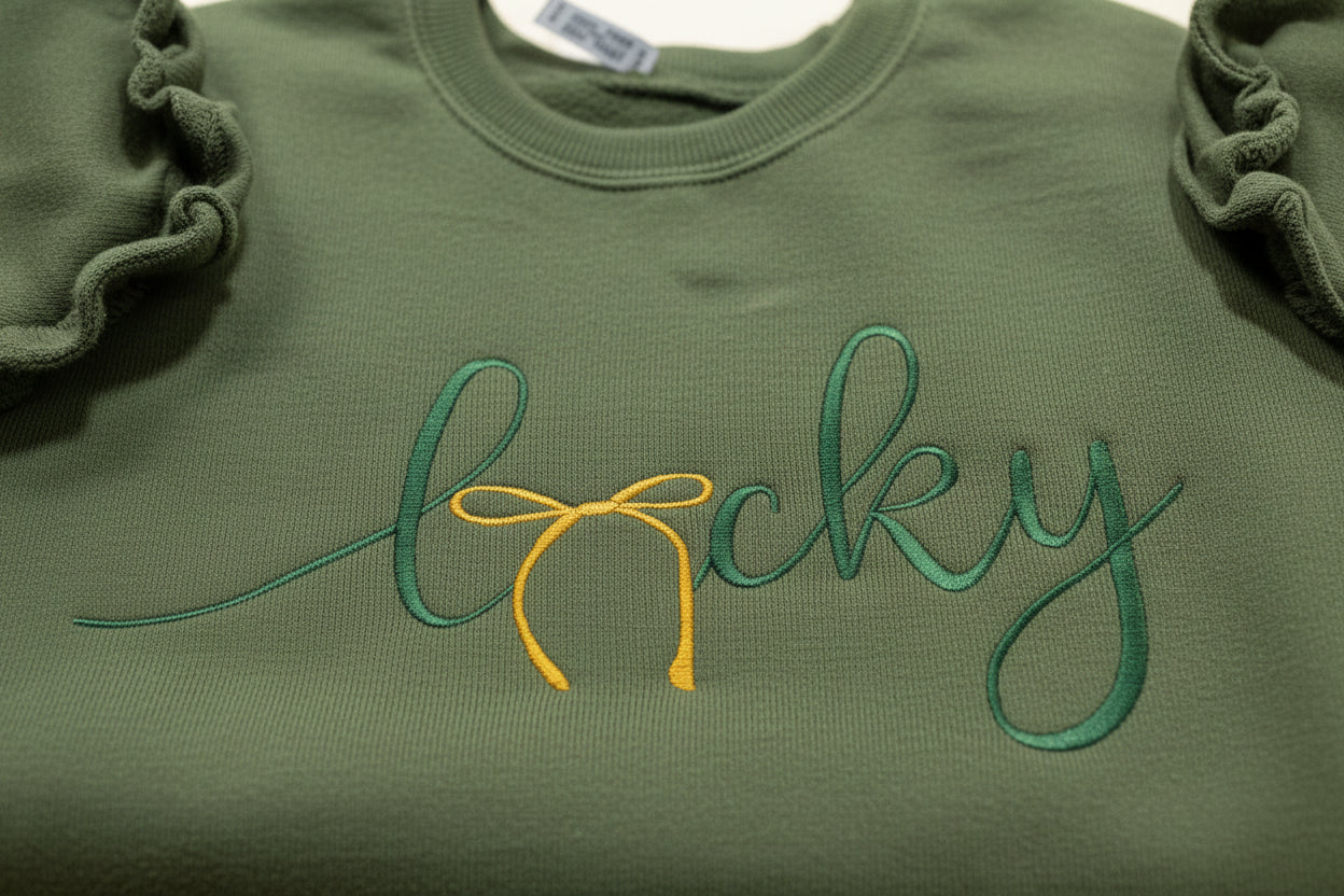 St. Patrick's Day Embroidered "LUCKY" Sweatshirt with a gold bow. Cozy & Stylish Irish Charm