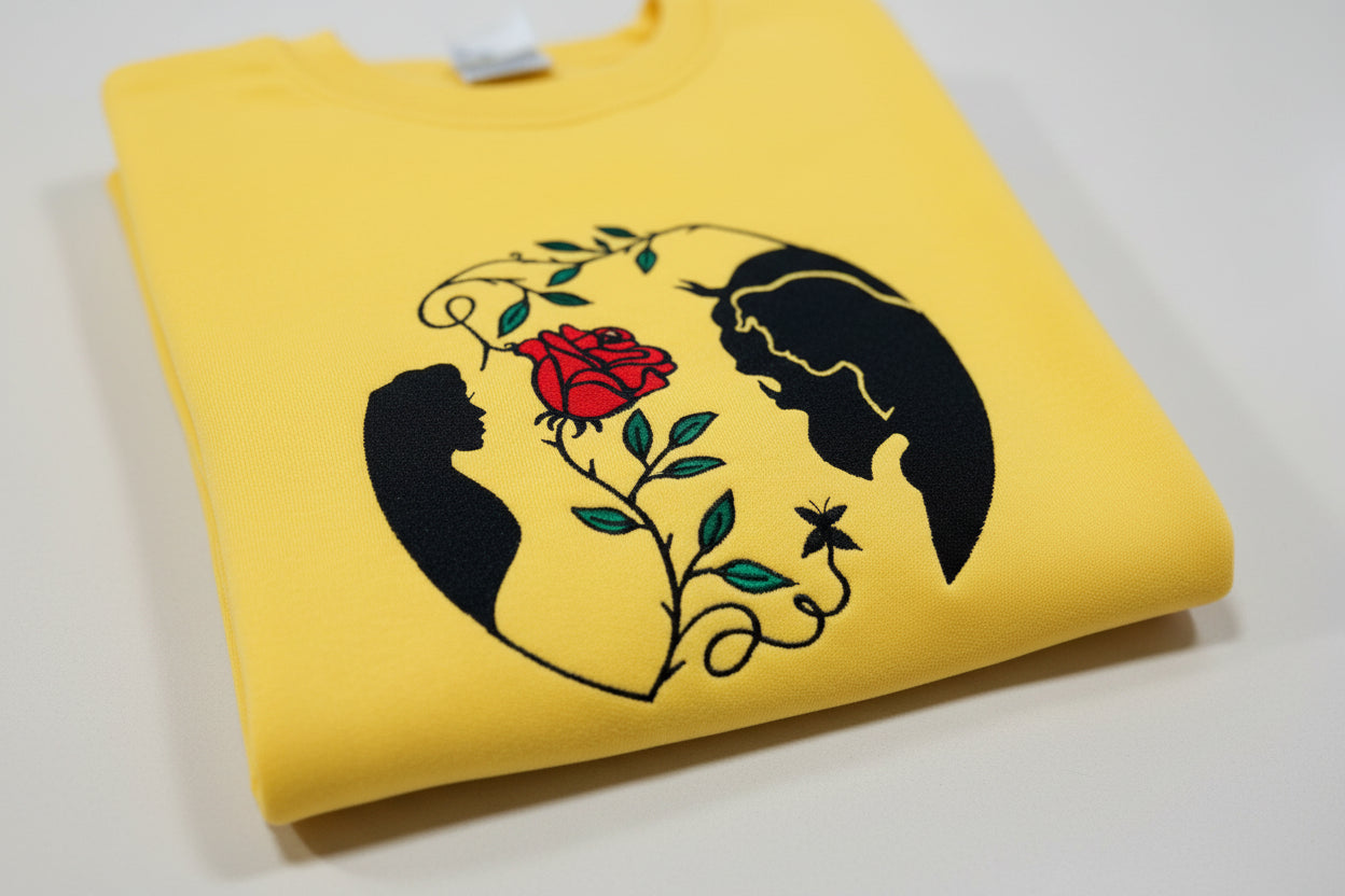 Beauty and the Beast. Cozy embroidered Sweatshirt with sleeve embellishments. A Disney classic fairytale. Featuring the famous Rose.
