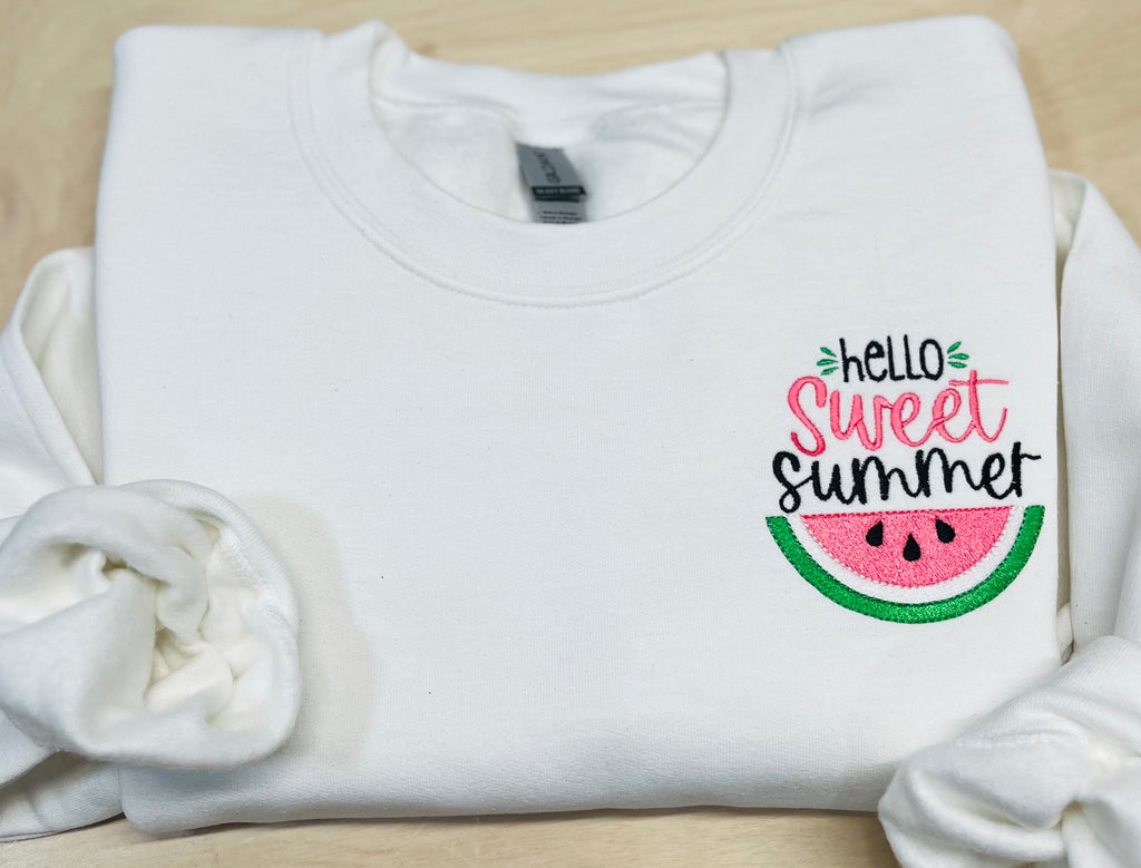 Embroidered Watermelon Sweatshirt, Hello Sweet Summer, Cozy Fleece