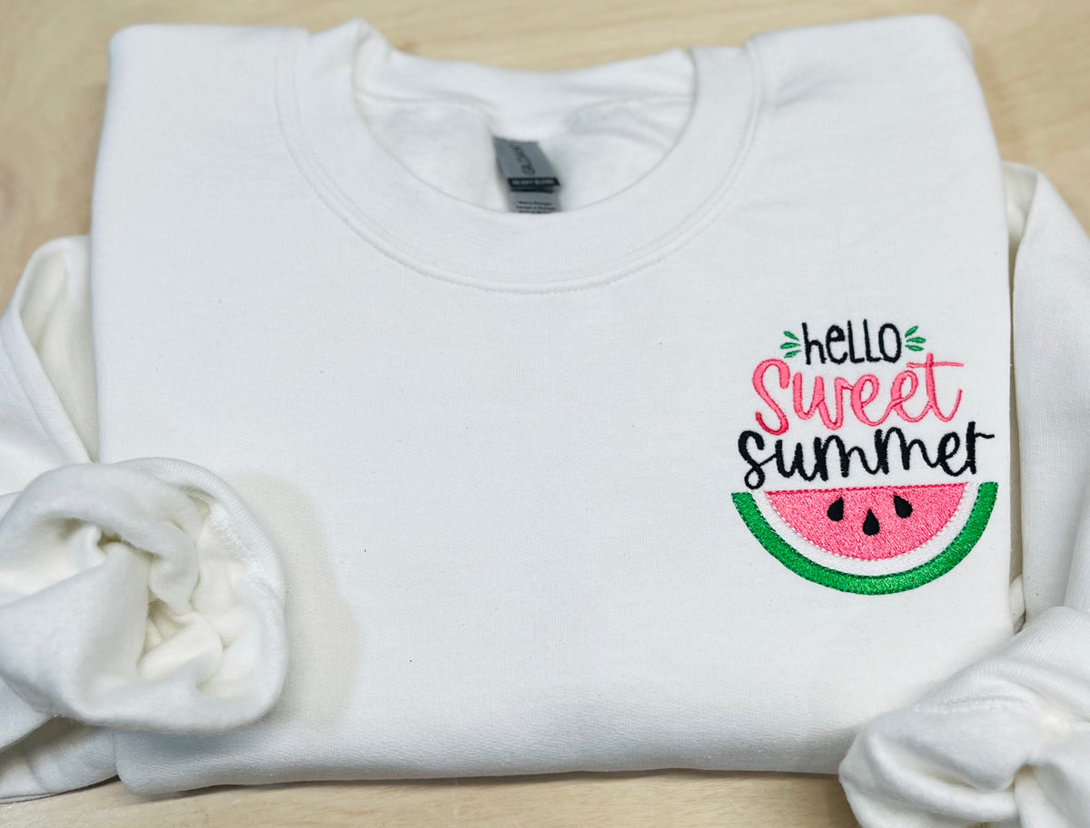 Embroidered Watermelon Sweatshirt, Hello Sweet Summer, Cozy Fleece