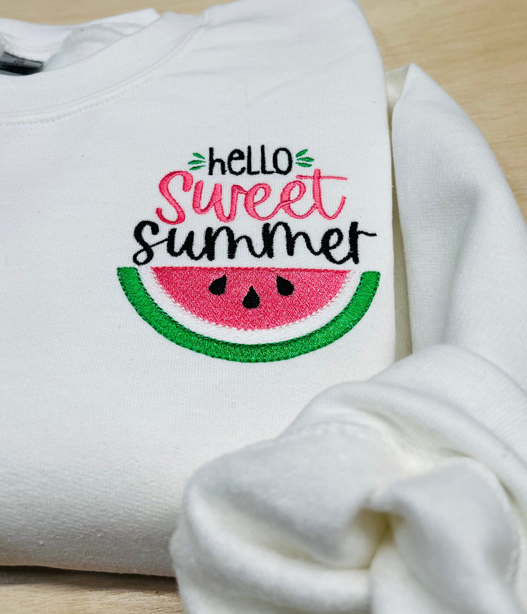 Embroidered Watermelon Sweatshirt, Hello Sweet Summer, Cozy Fleece