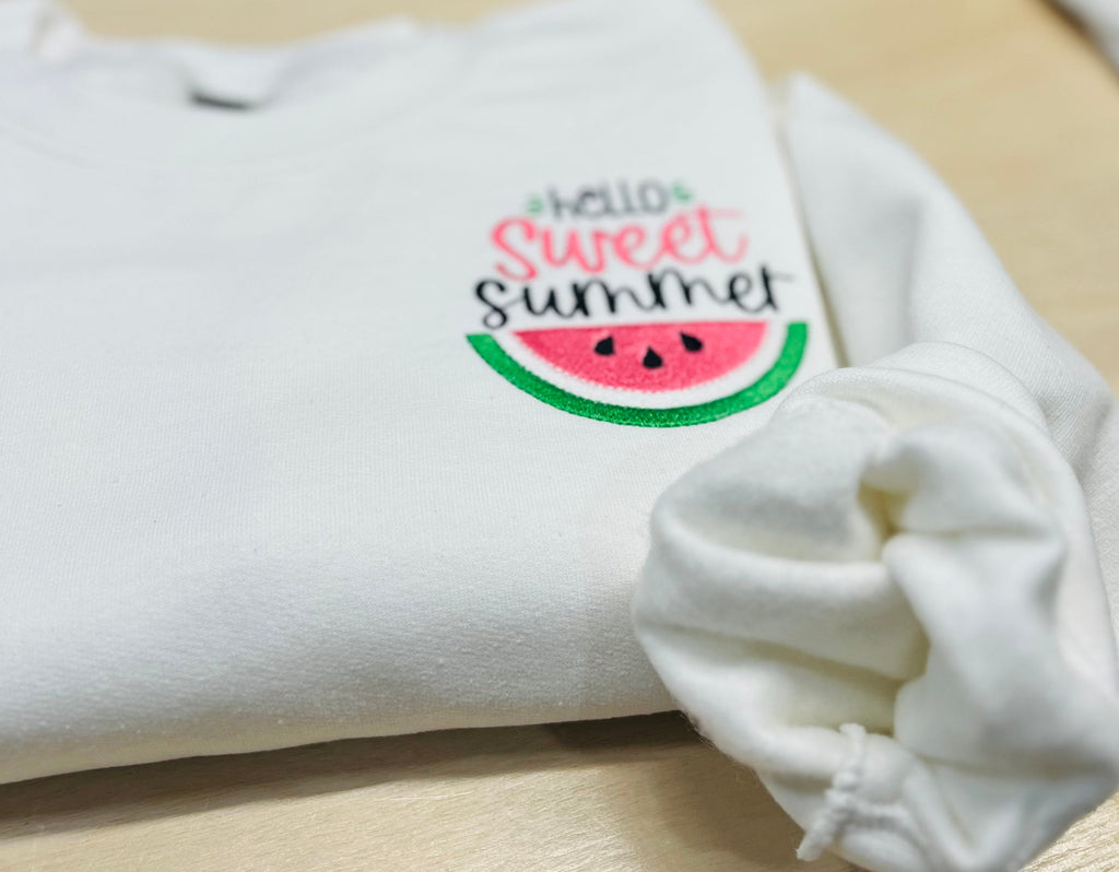 Embroidered Watermelon Sweatshirt, Hello Sweet Summer, Cozy Fleece