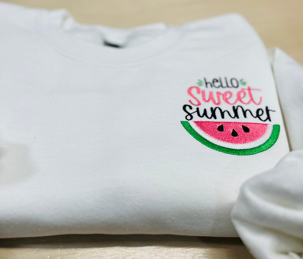 Embroidered Watermelon Sweatshirt, Hello Sweet Summer, Cozy Fleece