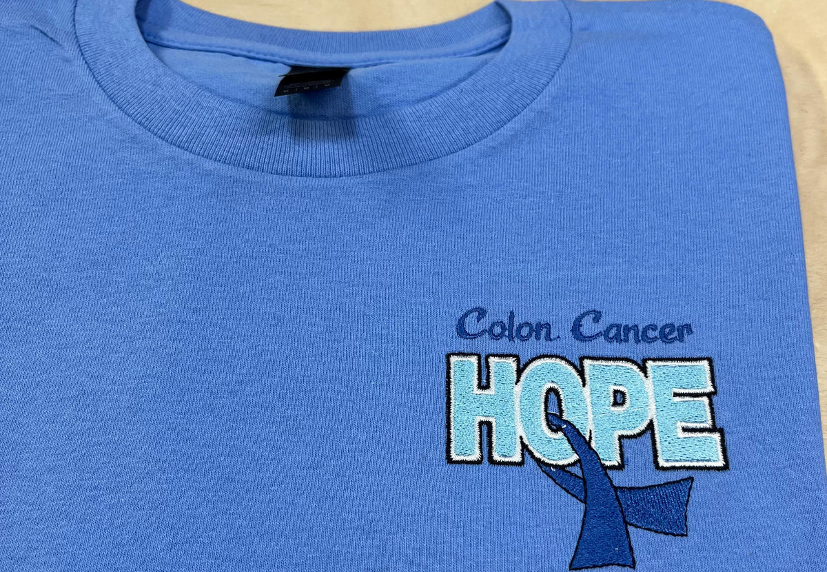 Colon Cancer Blue Ribbon Embroidered Shirt