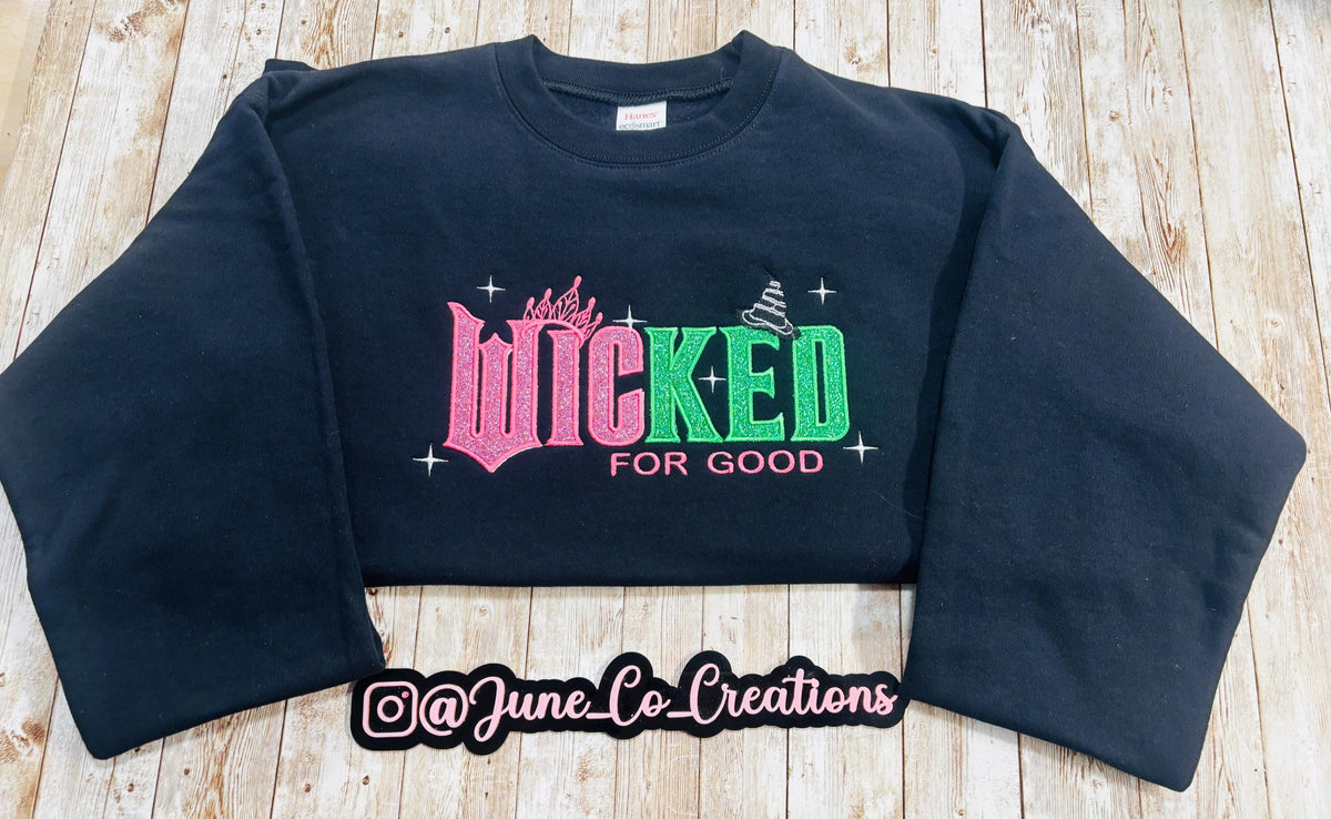 WICKED for good! This sparkly, embroidered wicked sweatshirt is perfect for Wicked fans.