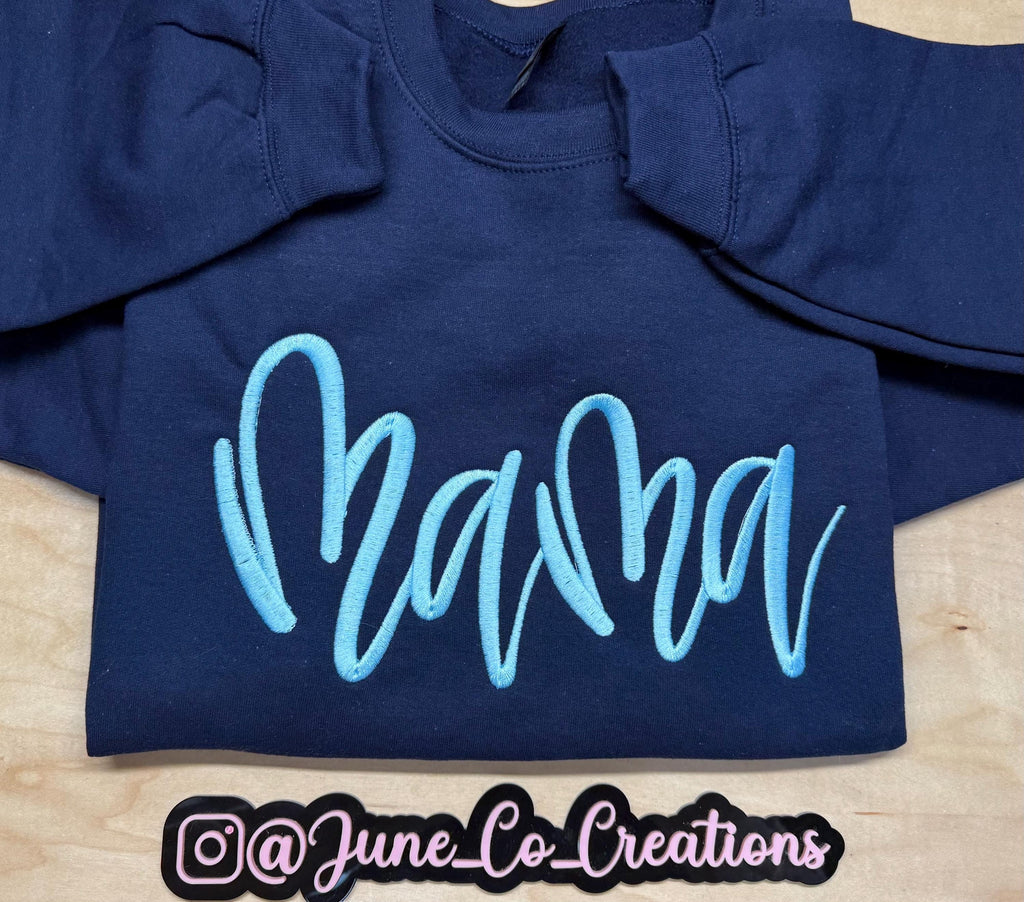 Mama script embroidered sweatshirt. Adorable and just in time for Mother’s Day
