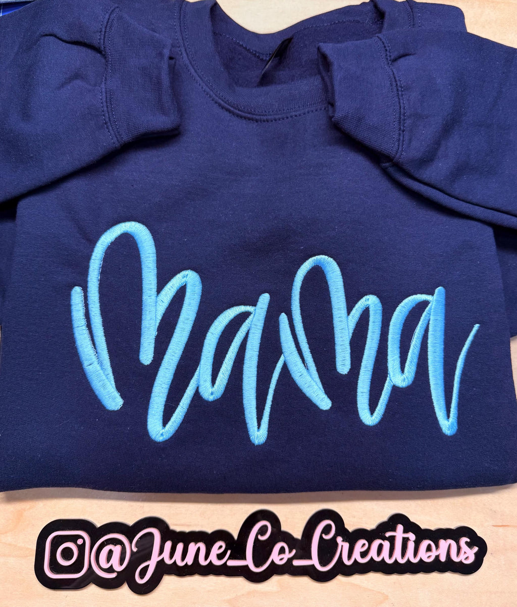 Mama script embroidered sweatshirt. Adorable and just in time for Mother’s Day