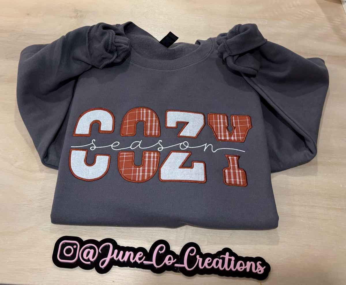 Cozy Season fall embroidered sweatshirt. Made to order sweatshirt is perfect for fall.