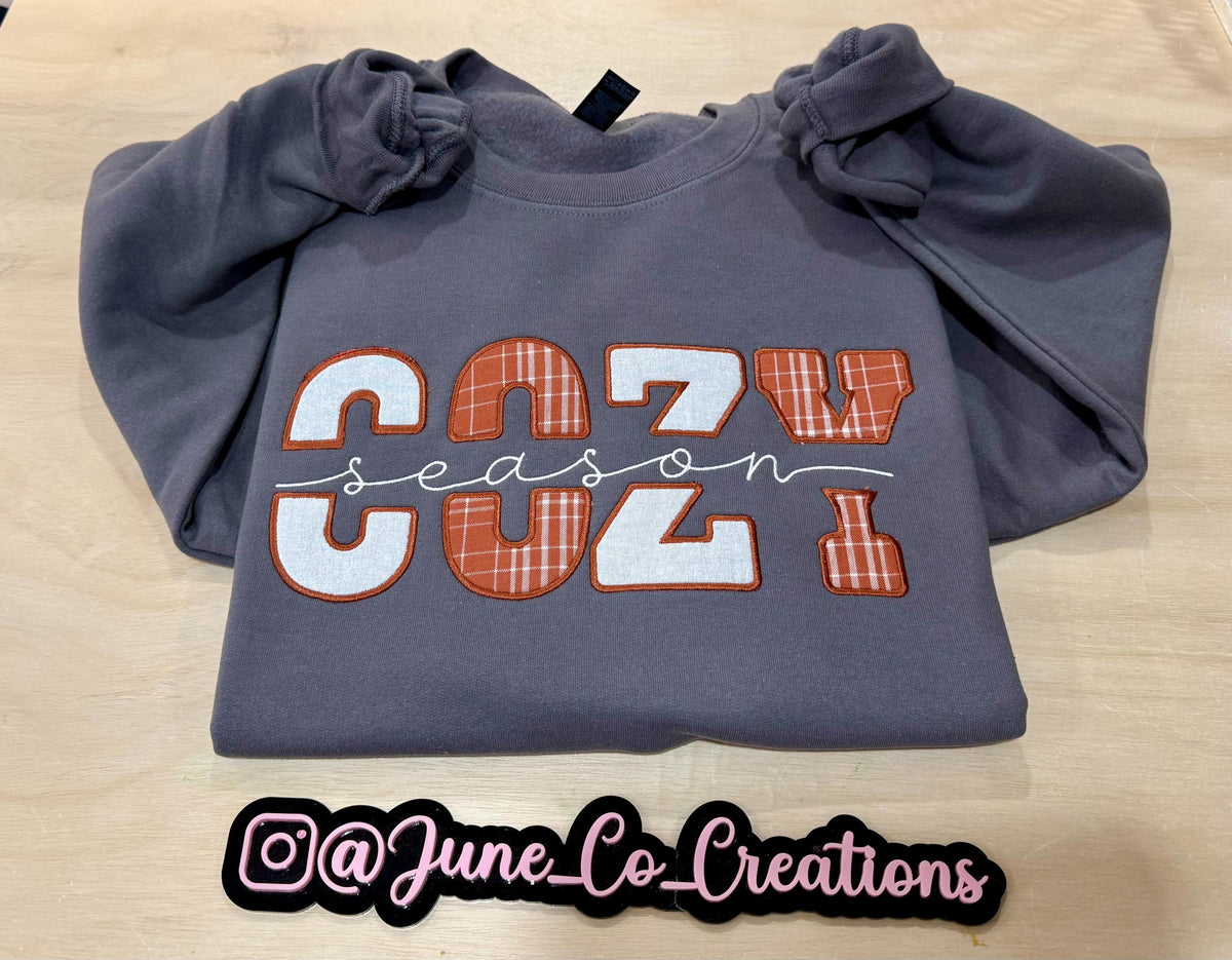 Cozy Season fall embroidered sweatshirt. Made to order sweatshirt is perfect for fall.