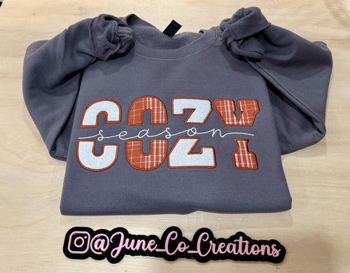 Cozy Season fall embroidered sweatshirt. Made to order sweatshirt is perfect for fall.