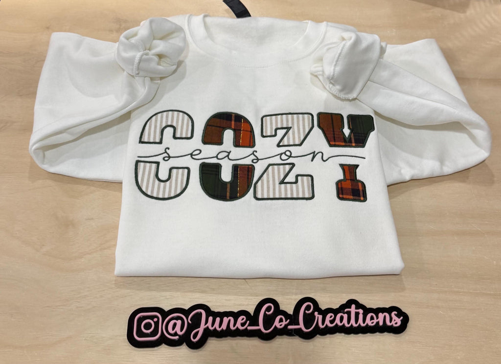 Cozy Season fall embroidered sweatshirt. Made to order sweatshirt is perfect for fall.