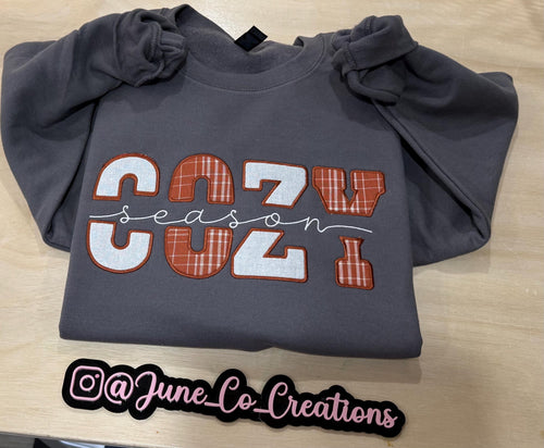 Cozy Season fall embroidered sweatshirt. Made to order sweatshirt is perfect for fall.