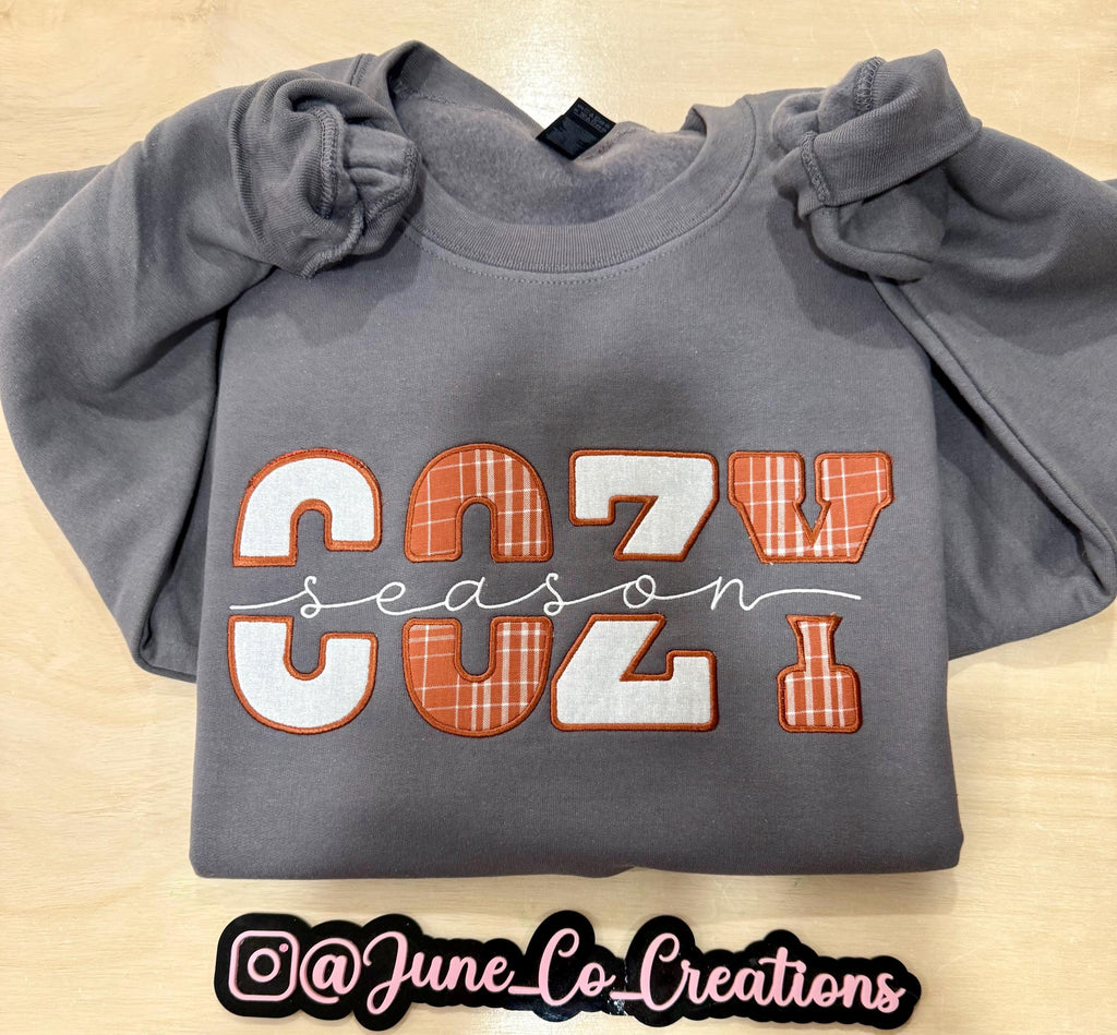 Cozy Season fall embroidered sweatshirt. Made to order sweatshirt is perfect for fall.