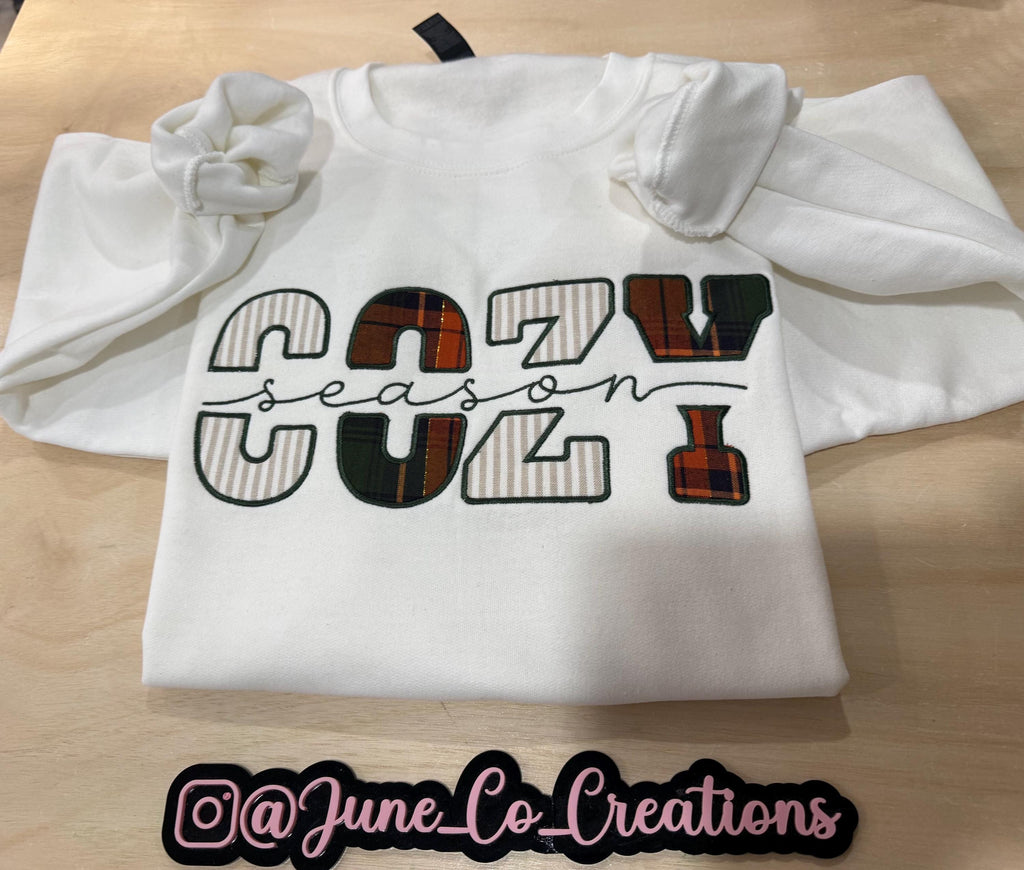 Cozy Season fall embroidered sweatshirt. Made to order sweatshirt is perfect for fall.