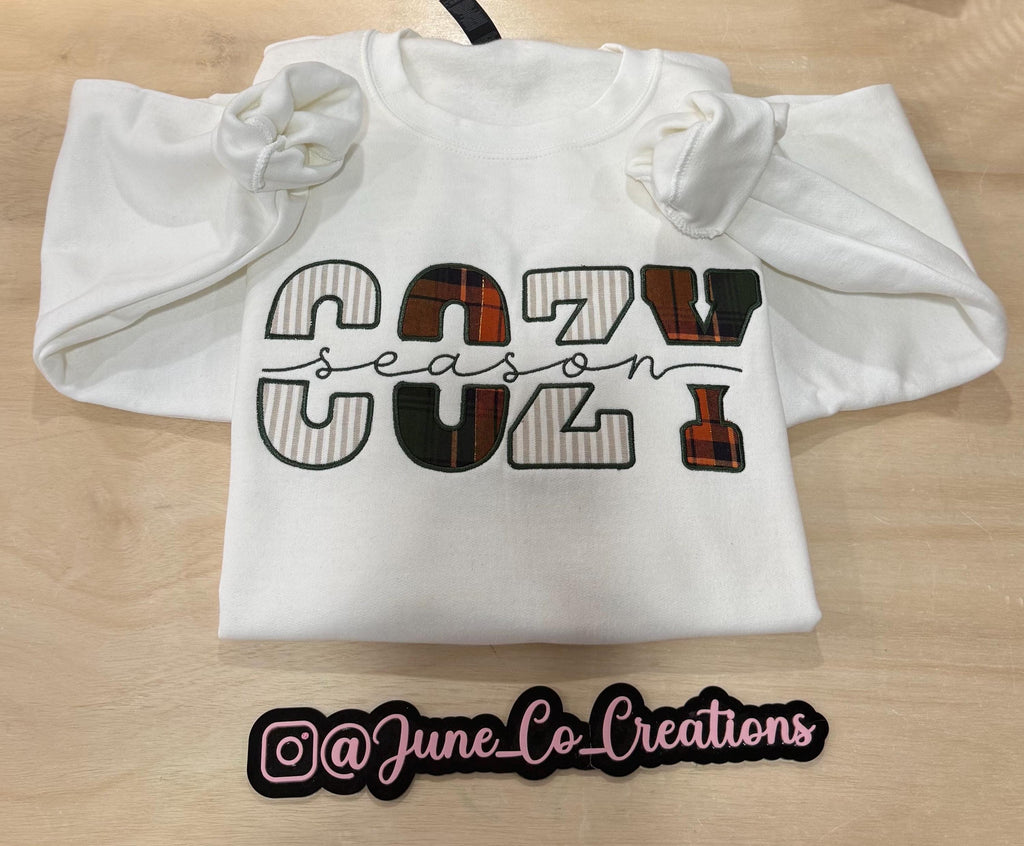 Cozy Season fall embroidered sweatshirt. Made to order sweatshirt is perfect for fall.