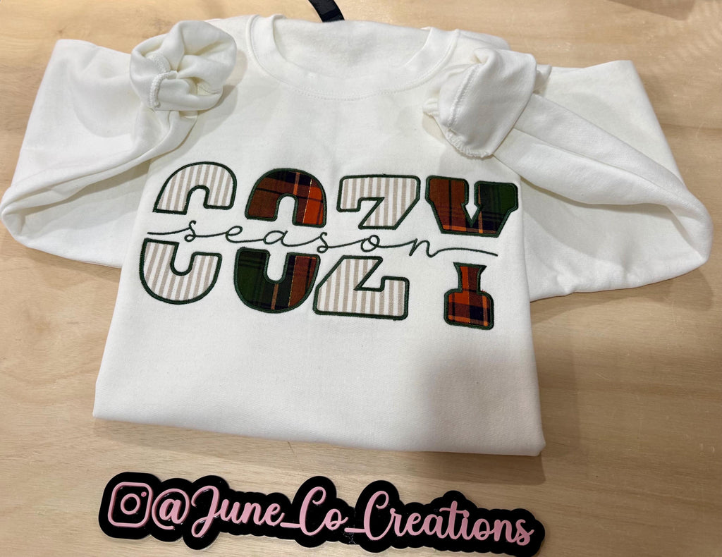 Cozy Season fall embroidered sweatshirt. Made to order sweatshirt is perfect for fall.