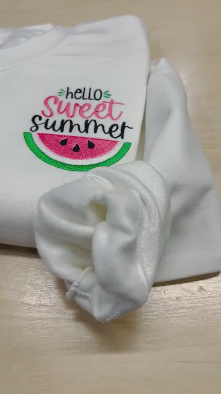 Embroidered Watermelon Sweatshirt, Hello Sweet Summer, Cozy Fleece